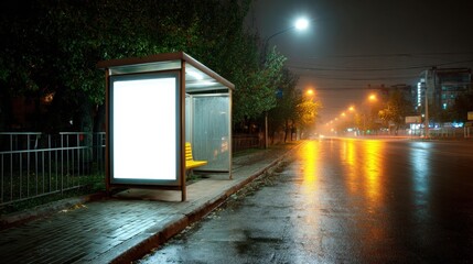 Illuminated bus stop with blank white poster and blurred pedestrian on rainy evening street