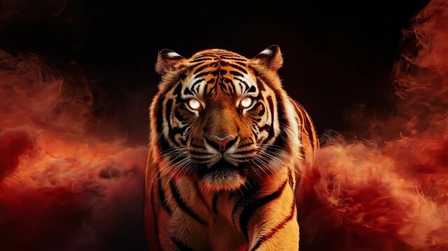 A majestic tiger emerges from fiery, ethereal clouds, glowing eyes