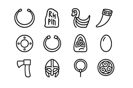 Celtic Norse Icon Grid. Celtic and Norse relics. Line icon set of Celtic and Norse relics: torc necklace, rune stone, longship prow, drinking horn, shield