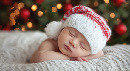 Newborn baby peacefully sleeping in Christmas hat with festive background, symbolizing warmth, innocence, holiday spirit, family love and winter coziness in soft light.