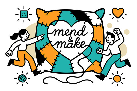 Patchwork Heart Creation. Scrap Fabric Patchwork. Colorful fabric offcuts stitch into a bold cushion; thread loops draw a heart with ?mend & make?. Texture