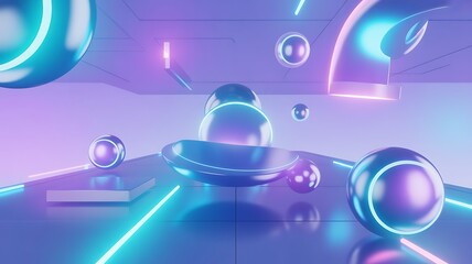 Abstract futuristic neon geometric shapes floating in purple and blue light