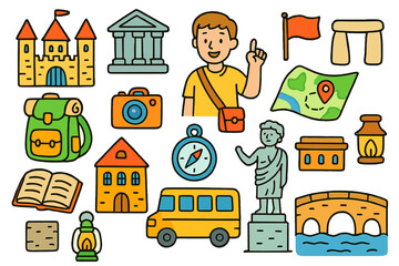 Naklejka premium Iconic Landmarks Doodle Art. historical landmarks. Colorful Hand-drawn doodle Children illustration historical landmarks castle, museum, ancient monument,