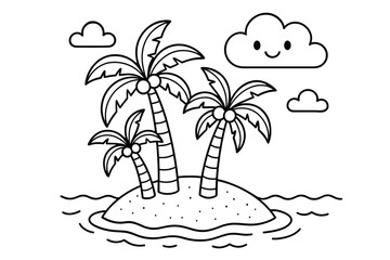 Tropical Island Coloring. Tropical island with palms children?s coloring book illustration, outlined drawing, a small island with three palm trees, gentle