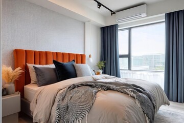 Modern bedroom interior design with plush orange headboard and large window with blue curtains