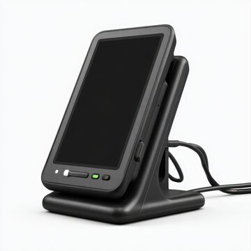Mobile point-of-sale tap-to-pay reader with phone stand and organized cables on white background