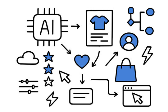 AI Recommendation Icons. // AI recommendation engine. Hand-drawn doodle illustration AI recommendation engine [AI chip (accented), star icons (accented),