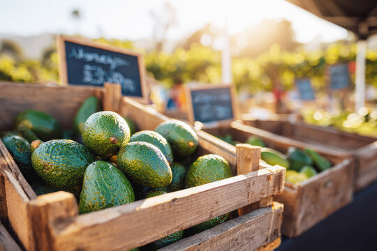 Fresh organic avocados displayed in wooden crates at farmers market.