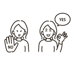 中年女性のイエスとノーのイラスト　線画のみ