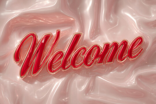 Elegant Welcome Text on Pink. Welcome text in elegant red script on shiny pink background, ideal for invitations, celebrations, and announcements.