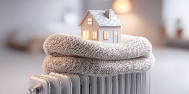 Miniature house wrapped in warm scarf on radiator, symbolizing home heating, insulation, energy efficiency, and winter comfort in a cozy indoor setting.