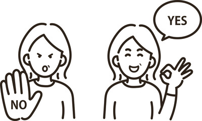 中年女性のイエスとノーのイラスト　線画のみ