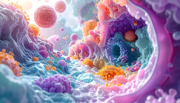 Abstract microscopic view of cells and their intricate structures vividly illustrated