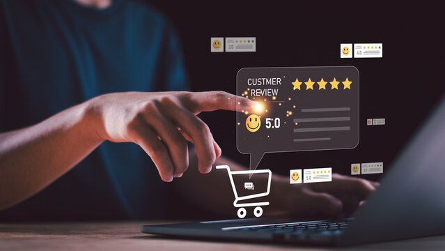 Concept of customer satisfaction, digital trust, and brand success through positive feedback and high rating, symbolizing online business growth, quality service, and excellent customer experience.
