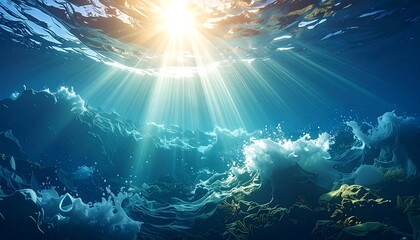 Fototapeta premium Underwater shot with sun rays piercing clear blue water and waves breaking, creating a dynamic aquatic scene