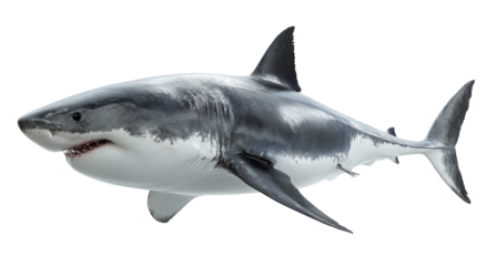Realistic great white shark illustration detailed scales and fins on transparent background