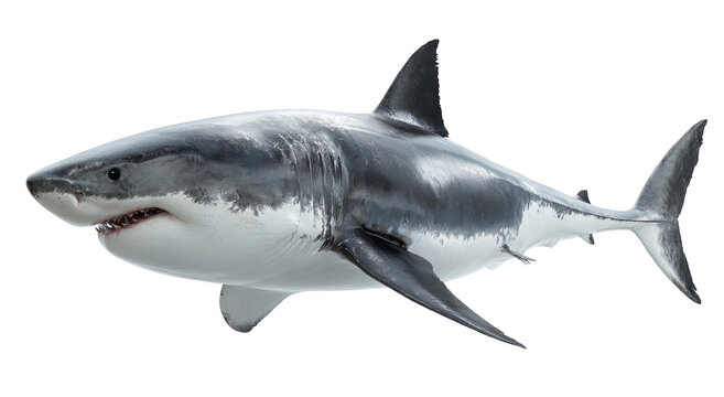 Realistic great white shark illustration detailed scales and fins on transparent background