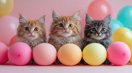 Cute Kittens Surrounded by Colorful Balloons on Pink Background