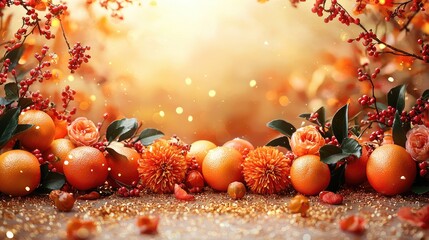 Vibrant Autumn Display with Oranges, Flowers, and Berries in Soft Light