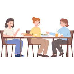 Three diverse women casually seated at a table enjoying a meal together indoors with warm natural lighting