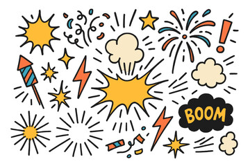 Naklejka premium Vibrant Comic Explosion. Impact burst. Hand-drawn doodle illustration explosion (colored), fireworks (colored), starburst (colored), confetti (colored),
