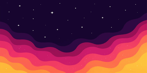 Vibrant abstract wavy layers of pink purple and orange against a dark starry night sky