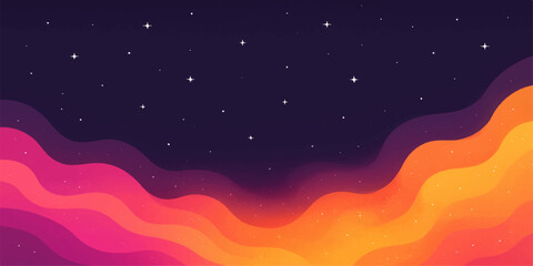 Vibrant abstract wavy layers of pink orange and yellow against a dark starry night sky