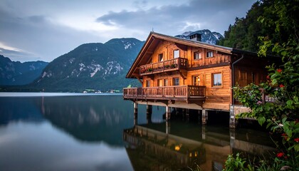 Fototapeta premium Wooden house on stilts by a lake reflecting mountains beneath a cloudy sky, framed by greenery on the right