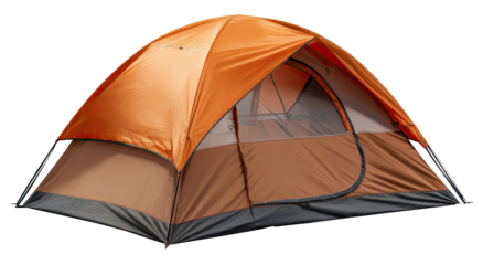 Realistic orange and brown tent illustration with detailed texture on transparent background
