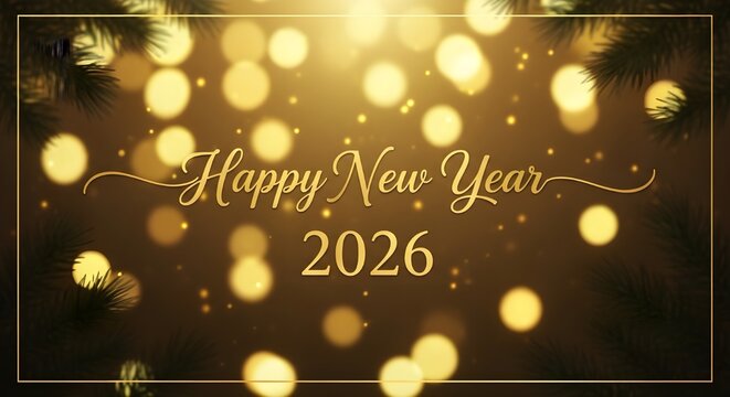 kartka lub baner z życzeniami szczęśliwego Nowego Roku 2026 w kolorze białym na czarnym tle
