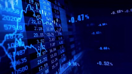 Dynamic stock market data display with fluctuating blue financial graphs and numbers for business - Powered by Adobe
