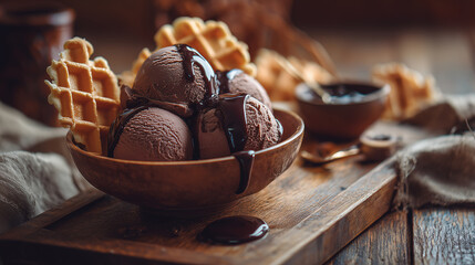 Wooden Bowl with Chocolate Ice Cream and Waffle Slices