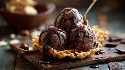 Waffle Bowl with Chocolate Ice Cream and Chocolate Syrup