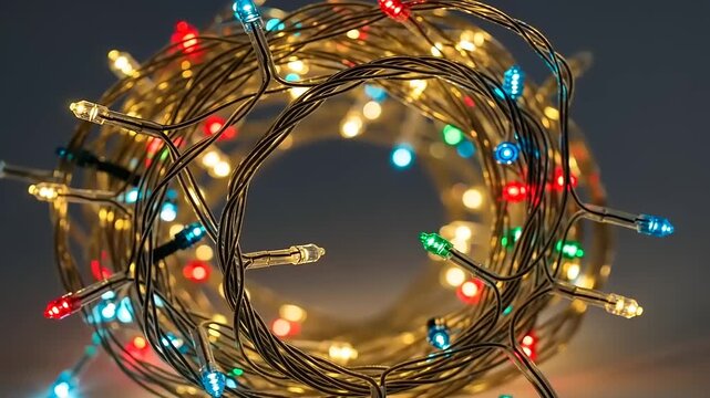 Festive Christmas lights coiled in a circular shape for decoration.