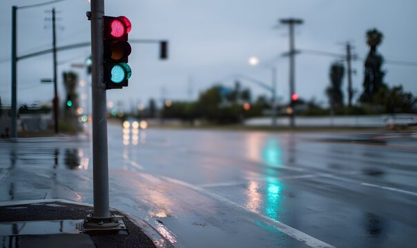 A traffic light at an urban intersection, the signal transitioning from red to green, motion blur on the changing light, wet asphalt reflecting city lights at dusk - Powered by Adobe