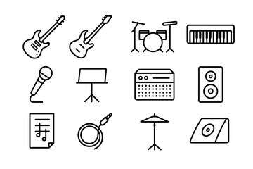 Fototapeta premium Live Band Icons. Live Band. Line icon set of Live Band: electric guitar, bass guitar, drum set, keyboard, microphone, music stand, amplifier, speaker, sheet