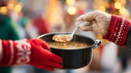 People gather at an outdoor kitchen, sharing warmth and kindness by serving hot meals to the homeless. Festive decorations and cheerful atmosphere fill the air with hope