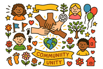 Obraz premium Unity Circle Doodle. Community unity. Colorful Hand-drawn doodle Children illustration Community unity circle of hands, heart globe, tree of peace, banners,
