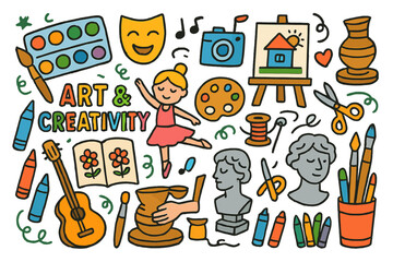 Fototapeta premium Creative Arts Doodles. Art and Creativity. Colorful Hand-drawn doodle Children illustration Art and Creativity, paints, brushes, canvases, cameras, music,