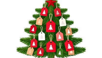 A vibrant holiday illustration of a decorated Christmas tree with various-colored gift tags and a red star topper