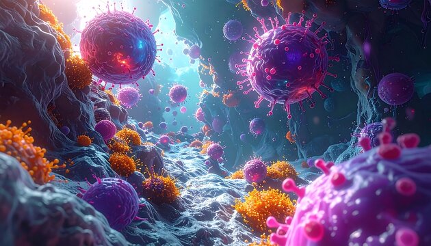 Abstract microscopic view of viral particles within a biological environment