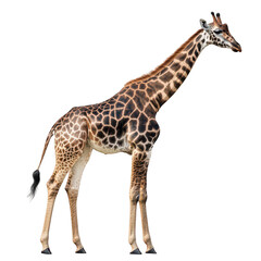 Naklejka premium A majestic giraffe stands gracefully against a plain white background. its long neck and distinctive coat pattern. ideal for wildlife education or nature-themed projects