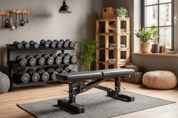 Adjustable bench with dumbbells in a modern home gym corner under stylish lighting