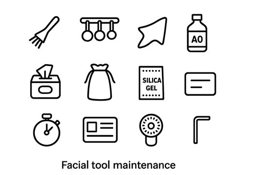 Facial Tool Icons. Facial tool maintenance. Line icon set of facial tool maintenance: cleaning brush, drying rack, soft cloth, isopropyl alcohol bottle,