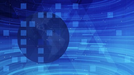 Digital world abstract blue technology background with a stylized earth globe and geometric elements, global communication and broadcast news, corporate and scientific presentations
