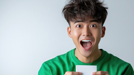 Fototapeta premium Happy young man celebrating victory after winning the lottery, joyful emotional winner isolated on white background, success and achievement concept, copy space