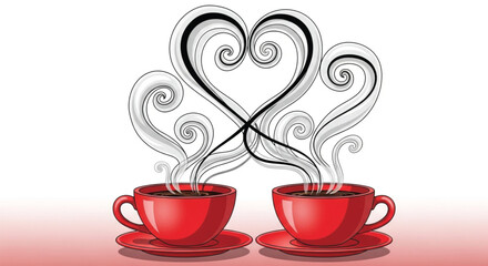 Two red cups of coffee with steam forming heart shapes on transparent background