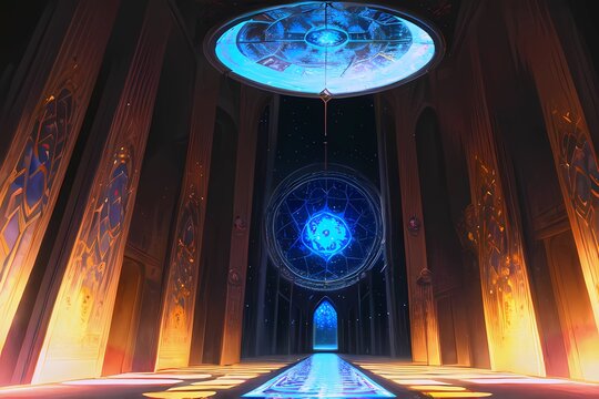 ゲーム背景 RPGファンタジーゲーム背景魔法陣のある異世界ステンドグラスのあるダンスホール