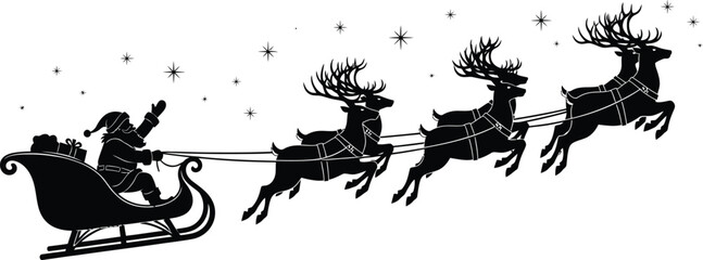 Santa's Sleigh and Reindeer Silhouette Vector: Festive Illustration, Holiday Season Graphic, Christmas Eve Design Element