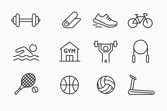 Fitness Icon Set. `fitness exercise. Line icon set of fitness exercise: dumbbell, yoga mat, running shoe, bicycle, swimmer, gym, weightlifting, jumping rope,
